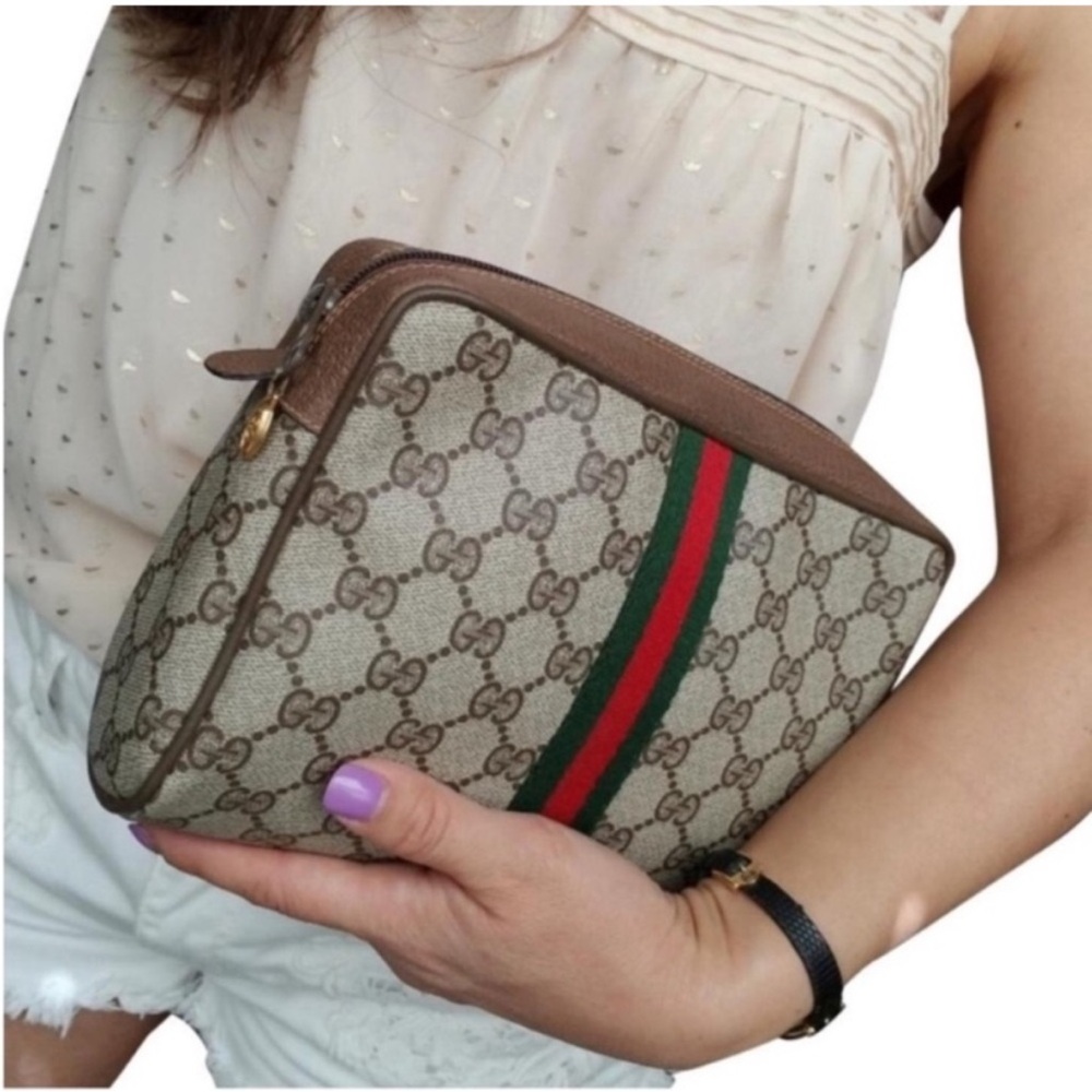 Authentic Gucci Sherry Line clutch bag brown monogram coated canvas